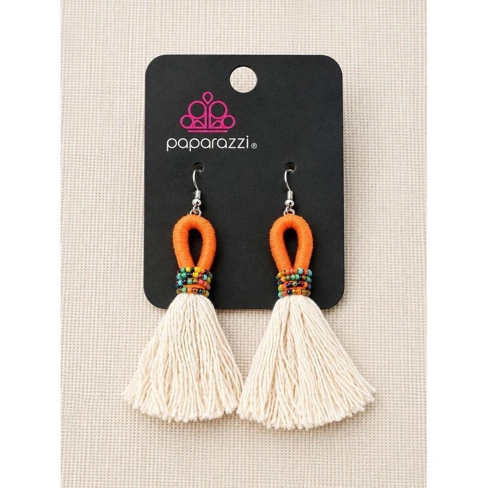 Paparazzi Orange Tassel Earrings Multi Color Seed Bead Cream Boho Drop Earrings